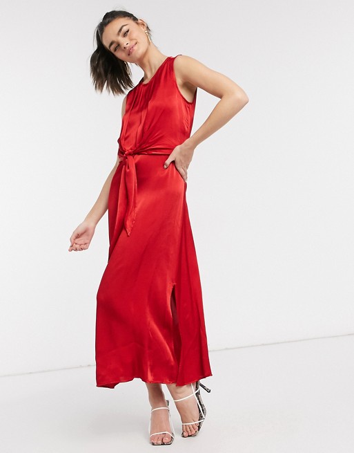 Ghost London tie front midi dress in red