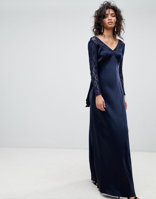 Ghost Long Sleeve Maxi Dress With Lace Bodice Bow Back ASOS