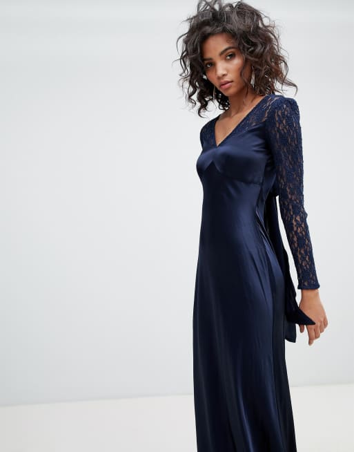 Ghost Long Sleeve Maxi Dress With Lace Bodice Bow Back ASOS