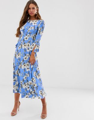 Ghost - Luisa - Lange jurk van crêpe met lange mouwen en bloemenprint-Blauw