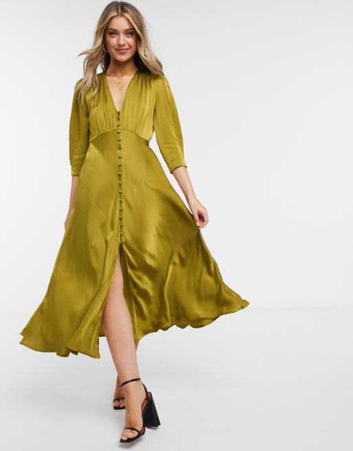 Download Ghost Maddison button front satin midi dress in bronze | ASOS