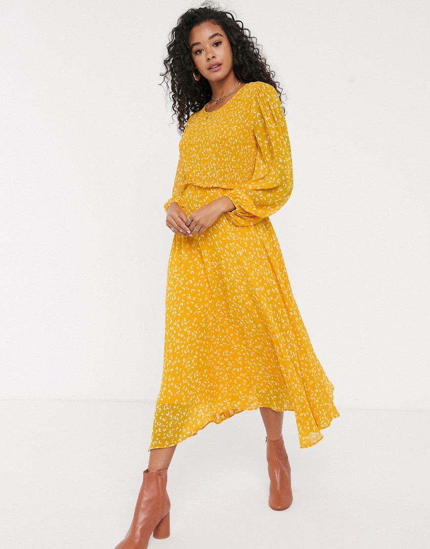 Ghost Margot Georgette Midi Dress With Smocked Bust-yellow