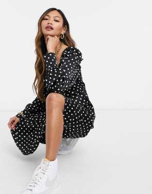 long sleeve black and white polka dot dress