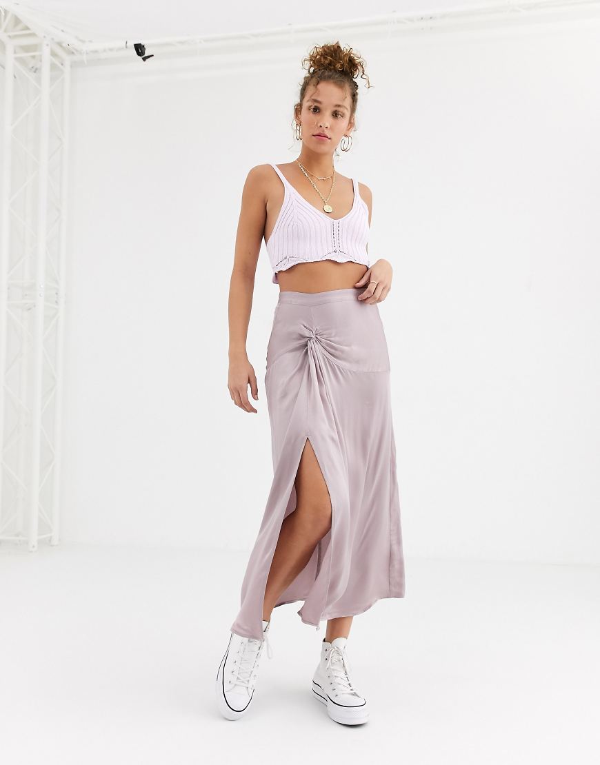 Ghost ruffle front satin midi skirt