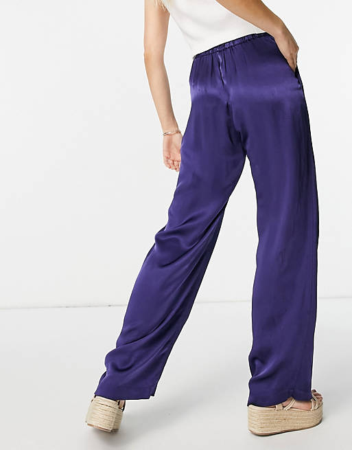 Women Ghost satin wide leg trouser co ord with pockets and draw string detail in navy blue 