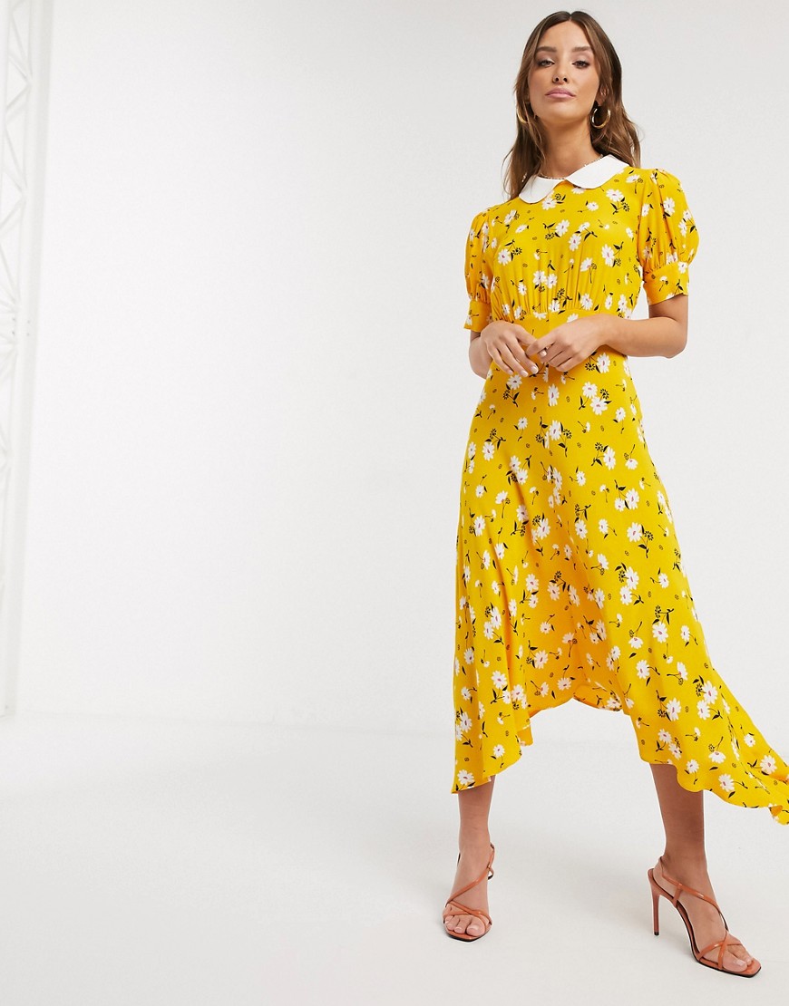 Ghost Tiggy Crepe Floral Midi Dress In Yellow | ModeSens