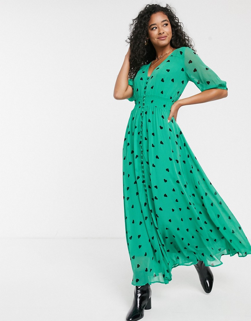 Ghost Valentina Heart Print Maxi Dress-green