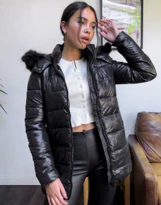 black wet look puffer coat with fur hood