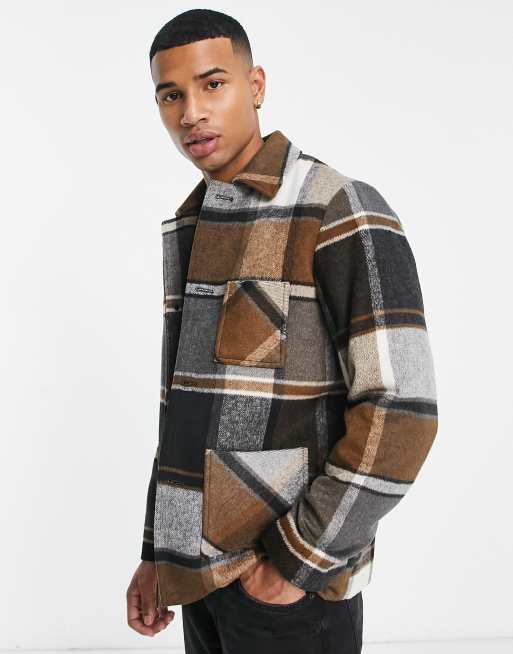 Gianni Feraud boxy fit plaid wool blend jacket in brown | ASOS