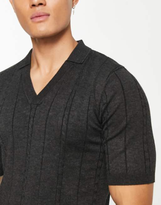 Gianni Feraud cable knit short sleeve polo jumper in dark grey, 3 of 4