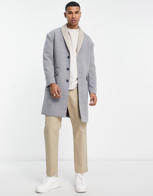 Gianni Feraud - Cappotto taglio lungo blu pied de poule con colletto a contrasto