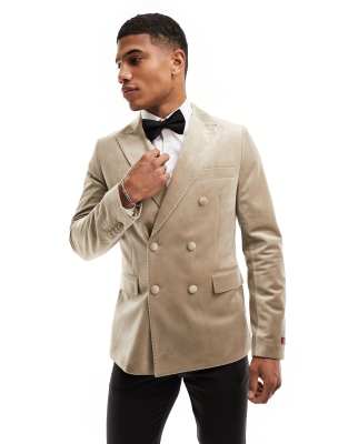 Gianni Feraud Gianni Feraud champagne slim velvet double-breast blazer-Gold