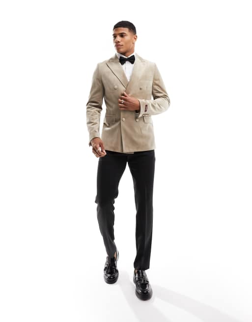 Gianni Feraud - Champagnefarvet dobbeltradet Slim Fit-blazer i velour, 3 af 5