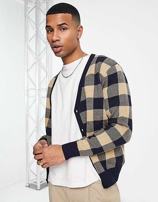 Gianni Feraud checked cardigan in navy and cream | ASOS
