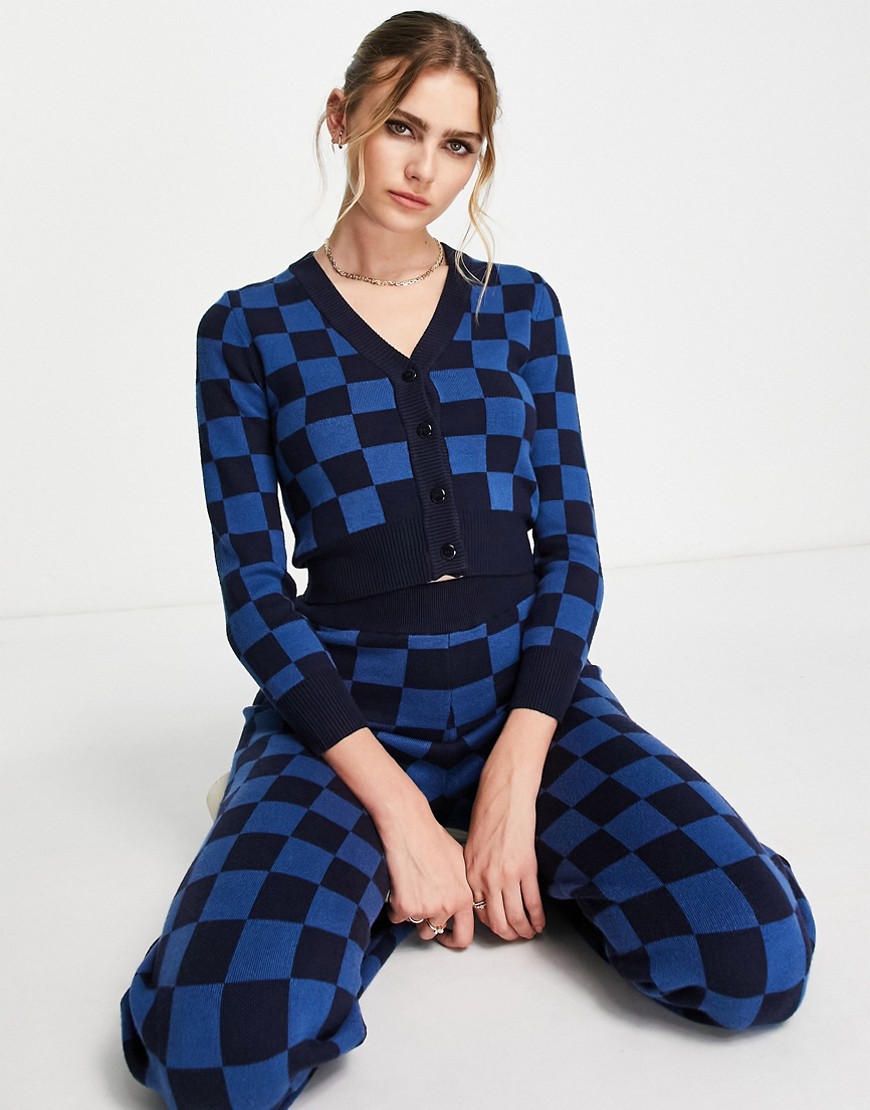 Gianni Feraud checkerboard knit cardigan co-ord in blue-Multi