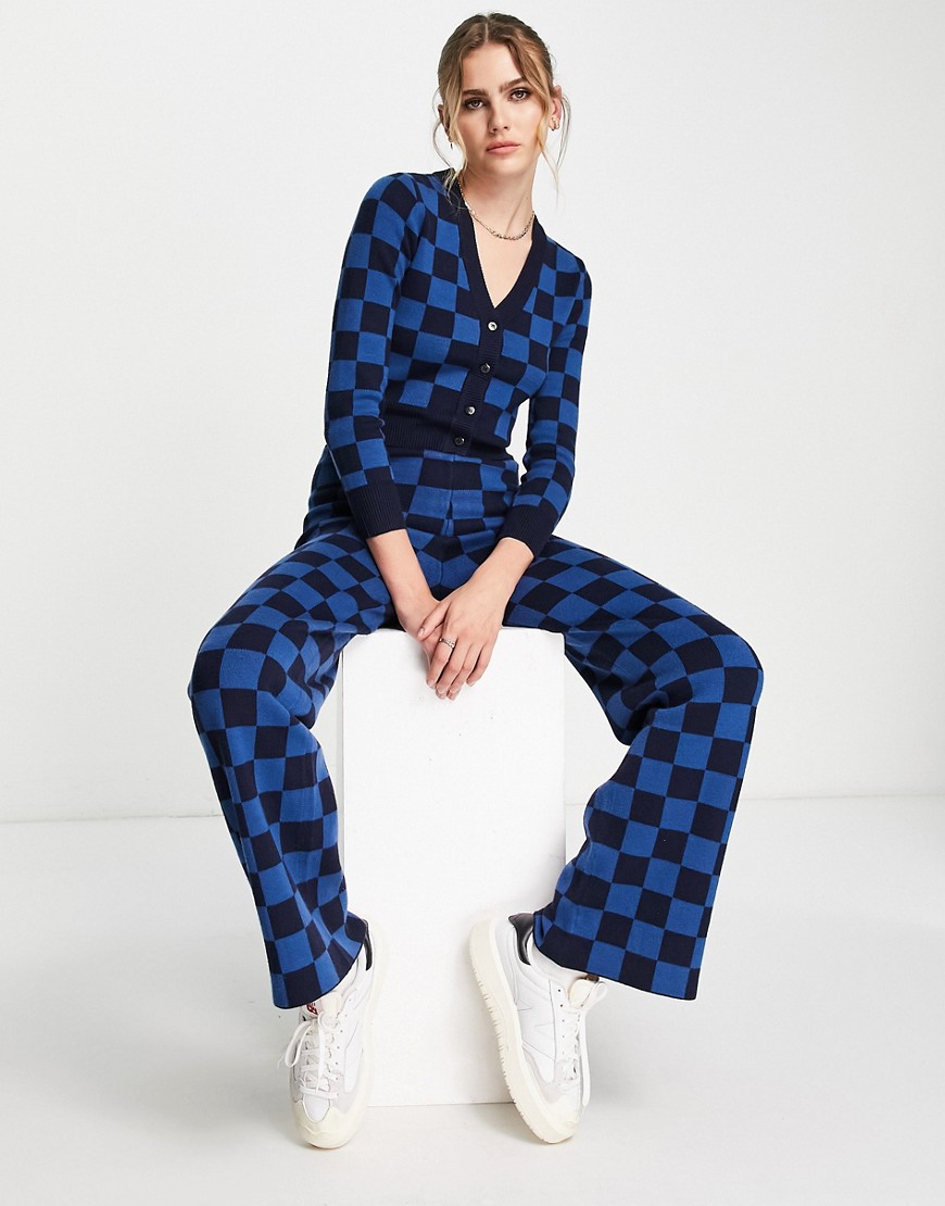 Gianni Feraud checkerboard wide knit trouser co-ord in blue-Multi