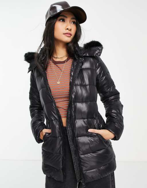 Gianni Feraud classic faux fur trim padded jacket in black | ASOS