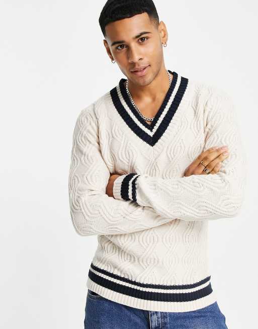 V neck cable 2025 knit jumper mens