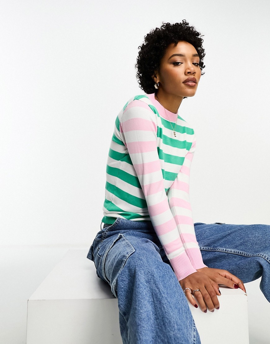 contrast trim striped sweater in green-Multi