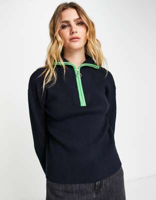 Gianni Feraud Contrast Zip High Neck Sweater In Navy