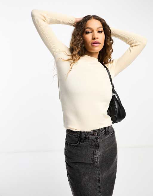 Gianni Feraud crew neck ribbed sleeve jumper in cream 