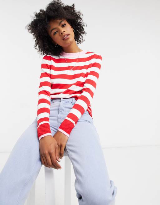 White sweater with outlet red striped sleeves