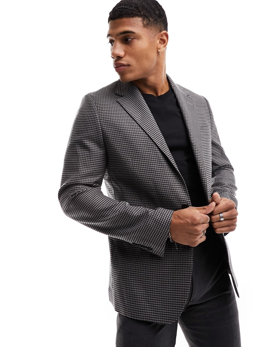 dogtooth black and white slim suit jacket in navy gray