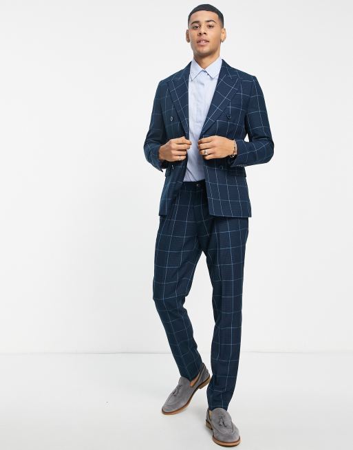 Gianni Feraud double breasted slim fit navy check suit jacket