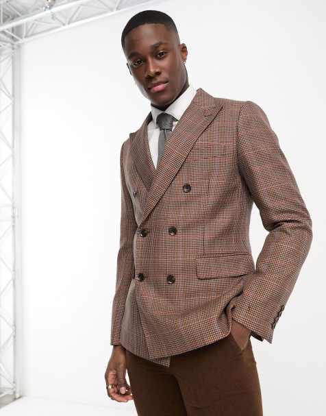 Gianni Feraud double breasted slim suit jacket in brown herringbone - view 1