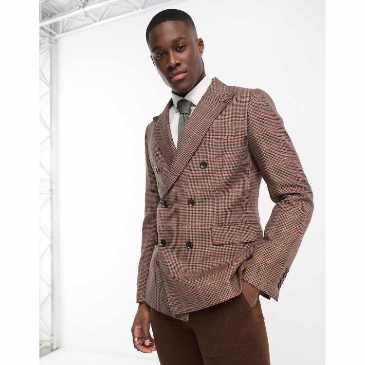 Gianni Feraud double breasted slim suit jacket in brown herringbone