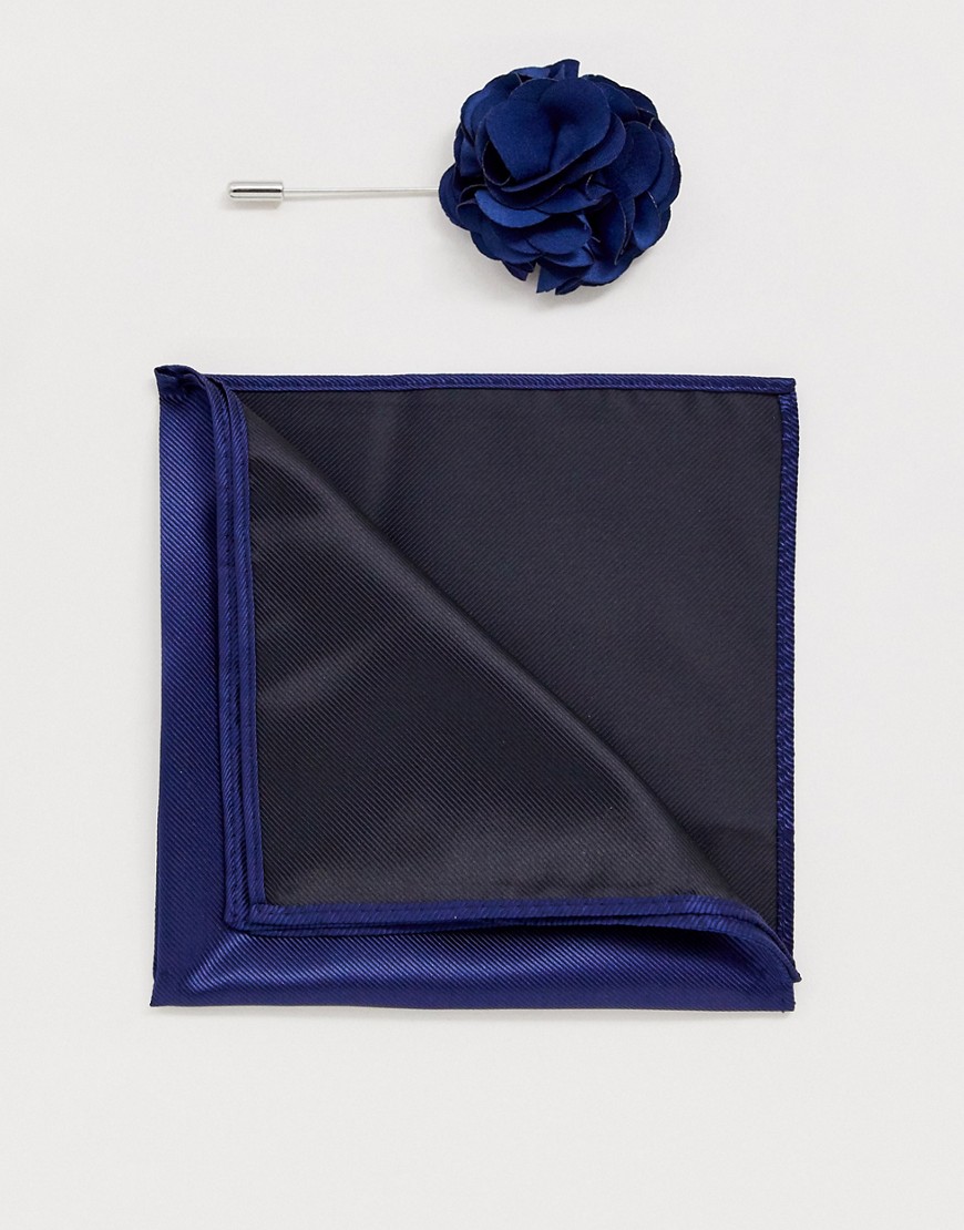 Gianni Feraud - Effen pochet met bloem-reversspeld-Marineblauw