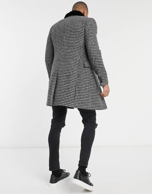 Gianni Feraud faux fur collar dogtooth check overcoat