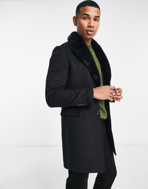 Gianni Feraud fur collar longline coat in navy | ASOS