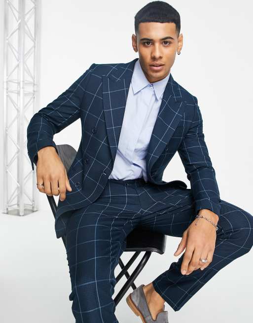 Gianni Feraud - Geruite slim-fit double breasted colbert in marineblauw