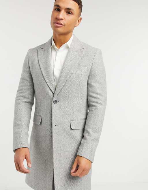 Gianni Feraud Grauer Mantel Aus Wollgemisch Mit Fischgratmuster Asos