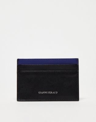 Gianni Feraud leather card holder in black and navy contrast