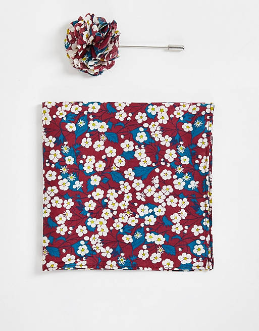 Liberty print pocket square and lapel pin in burgundy floral Asos Men Accessories Ties Pocket Squares 