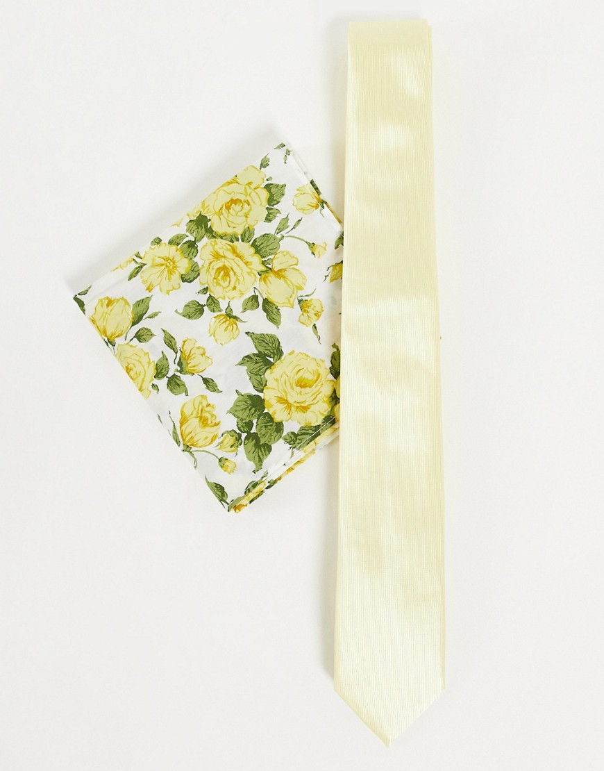 Gianni Feraud Liberty Print Pocket Square And Plain Tie Set-yellow