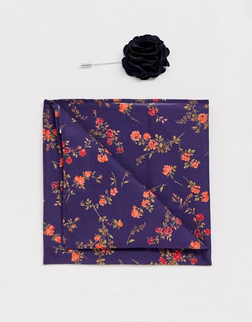 Gianni Feraud Liberty print yorkshire rose cotton pocket square and lapel pin set