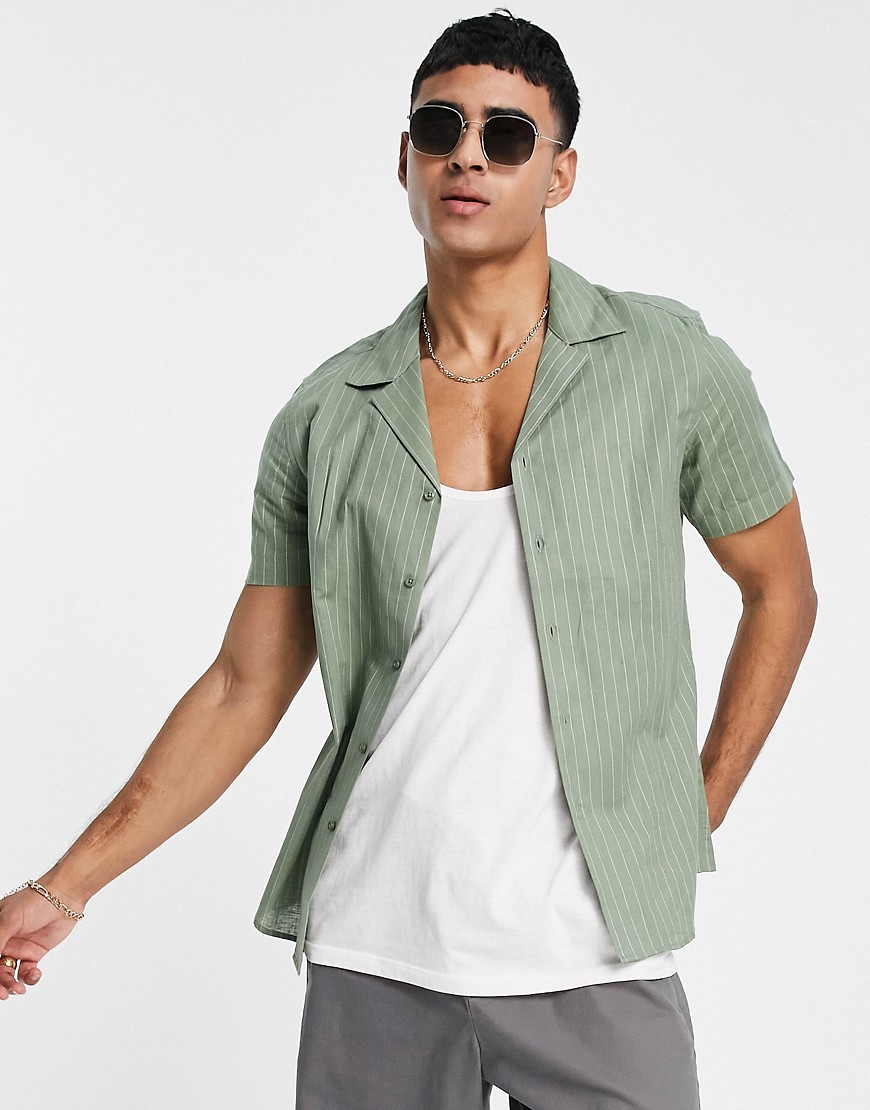 Gianni Feraud linen short sleeve striped slim fit shirt-Green
