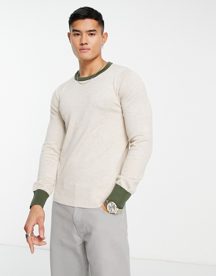 long sleeve contrast sleeve and collar sweater in ecru and green