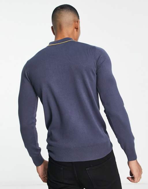 Gianni Feraud long sleeve half zip polo in navy with yellow tipping, 2 of 4