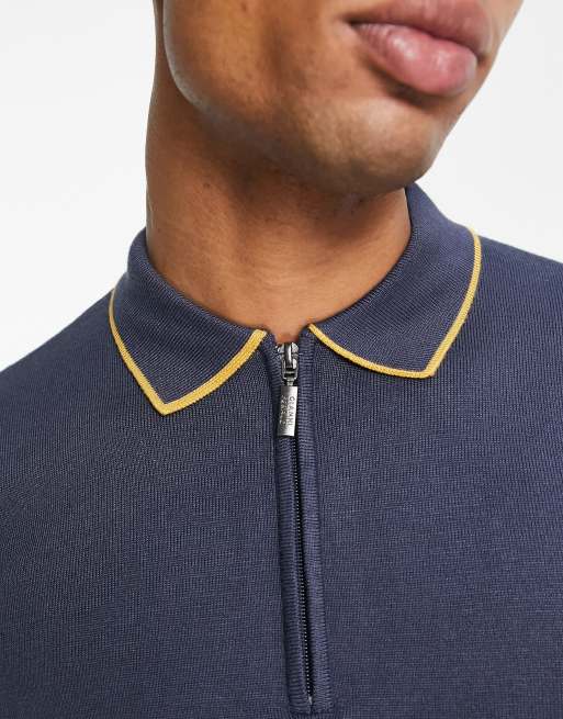 Gianni Feraud long sleeve half zip polo in navy with yellow tipping, 3 of 4