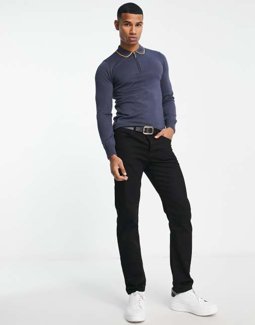 Gianni Feraud long sleeve half zip polo in navy with yellow tipping, 4 of 4