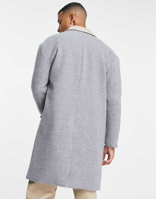 Gianni Feraud longline coat in blue dogtooth with contrasting collar