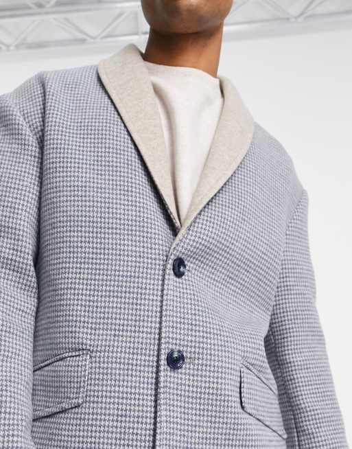 Gianni Feraud longline coat in blue dogtooth with contrasting collar