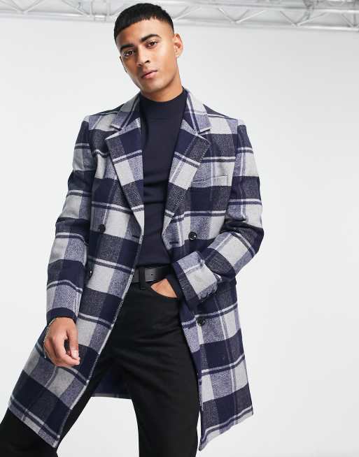 Gianni Feraud longline wool coat in blue check | ASOS