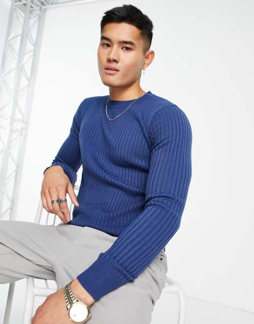 Gianni Feraud - Maglione girocollo attillato blu a coste