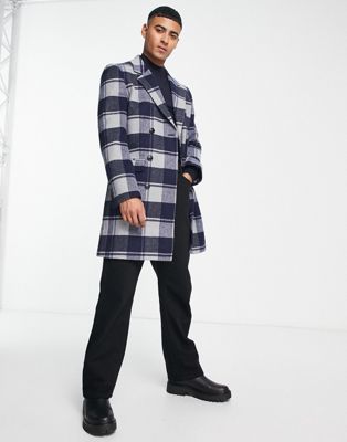 Gianni Feraud longline wool coat in blue check - ASOS Price Checker