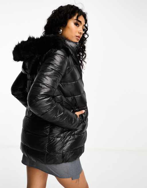 Gianni Feraud Millie faux fur trim hooded padded jacket in black